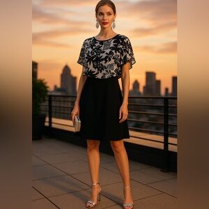 NY Collection Black and White Floral A-Line Dress